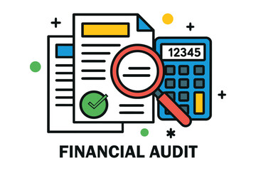 Financial audit concept with documents magnifying glass and calculator