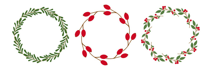 Vector set of Christmas wreaths with winter greenery and red berries. Holiday circle frames. Perfect for decoration, greeting cards, invitations, posters, and festive seasonal design. © Nadiia