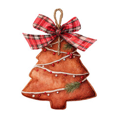Watercolor Christmas Tree Ornament with Plaid Bow and Decoration