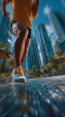 Urban Sprint: A determined runner, captured in motion against the backdrop of a dynamic cityscape, showcasing the grit and energy of urban athleticism.