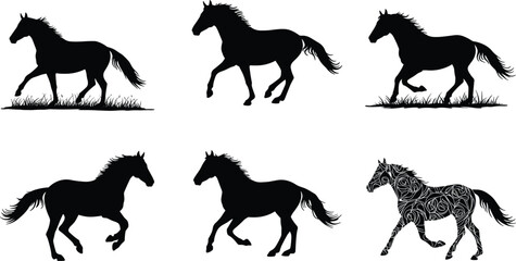 Silhouette horses running trotting galloping dynamic poses collection with decorative patterned design equine movement rural culture vector illustration set