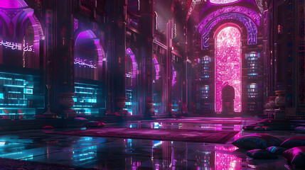 Fototapeta premium A mesmerizing scene unfolds within a grand hall, bathed in vibrant neon hues of pink and purple, creating an ethereal and futuristic atmosphere of wonder