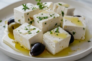 Marinated feta with olives on plate. Neural network AI generated