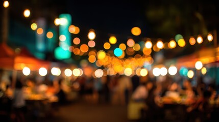 Blurry nighttime outdoor festival with warm string lights