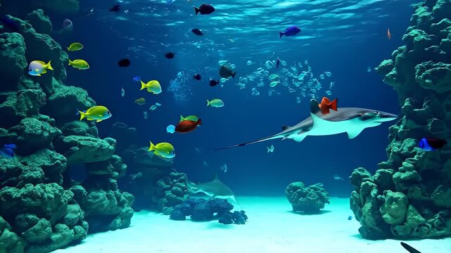 A stingray glides near colorful fish as the stingray moves gracefully through the coral reef. The coral reef surrounds the stingray and supports vibrant fish life.