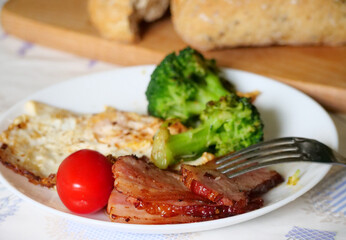 A Plate with Fried Ham, a Poached Egg, Broccoli, and Tomato