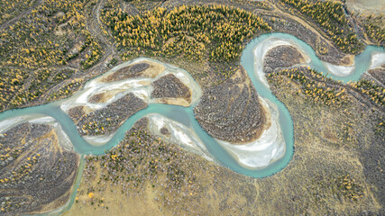 autumn landscape from above, with a winding turquoise mountain river