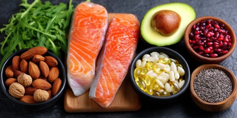 Fresh salmon and healthy food ingredients