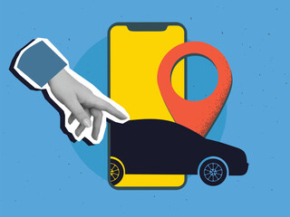 Black and white hand touches a black car silhouette coming out of smartphone screen with a red destination pin mark. Modern collage style. Vector illustration