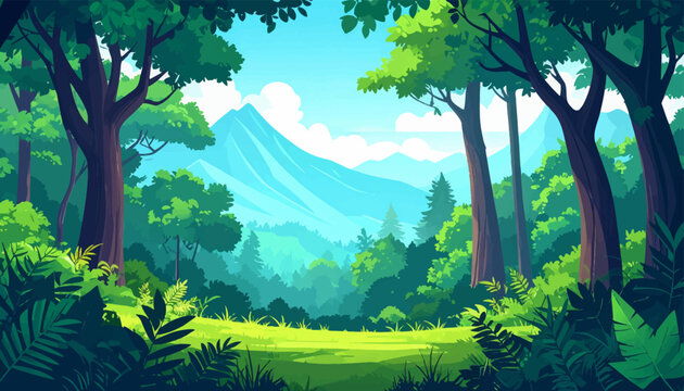 Majestic forest clearing with distant mountains. Green forest and mountains blending in nature. Vivid green forest under a bright sky. Wide open forest view with mountain backdrop.