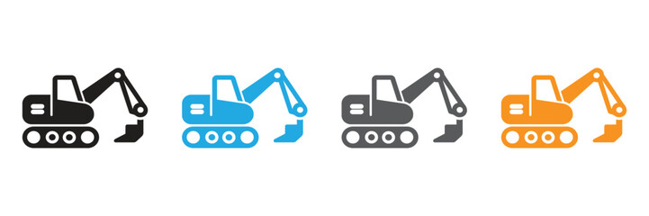 Collection of excavator icons in black, blue, gray, and orange. Ideal for construction, engineering, or transportation themes. Add a professional touch to your project.