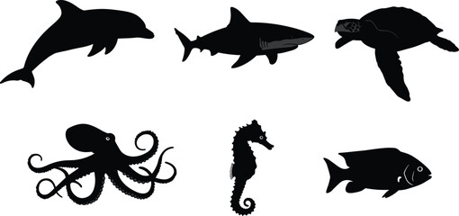 Silhouette marine animals dolphin shark turtle octopus seahorse fish ocean wildlife underwater nature vector illustration design concept sea life art © Asad Creative