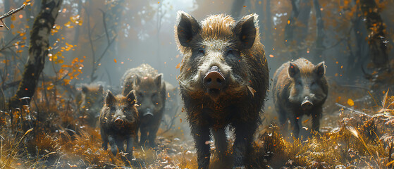 A group of wild boars walking through a misty forest