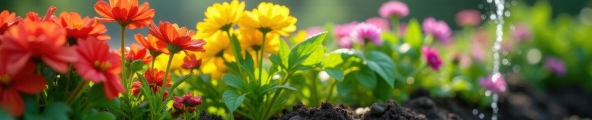 Closeup of blooming herbs watered by drip lines , summer, floral, green