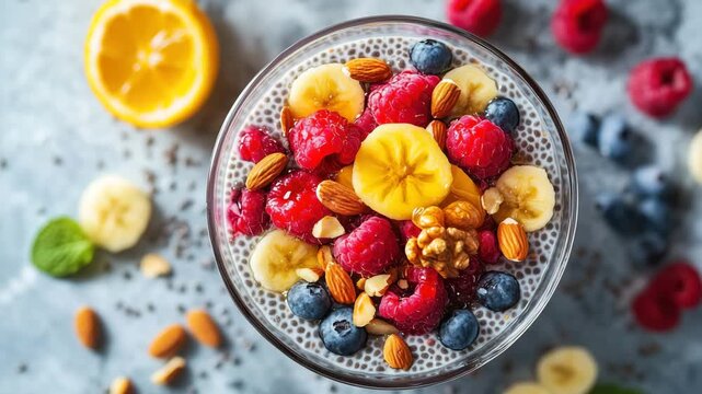 Chia seed pudding in a glass topped with fresh banana slices, raspberries, blueberries, almonds, and walnuts. Nutritious and vibrant food. Clean eating concept. Natural ingredients.