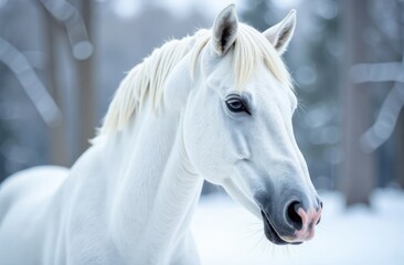 Cute white horse on winter background