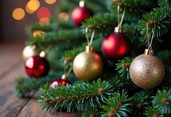 Christmas tree decorations and pine branches on wood table