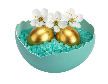 Two golden eggs nestled in a teal-colored, cracked egg shell,  surrounded by small, light teal crystals, with delicate white blossoms atop - Powered by Adobe