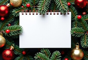 White paper card note with space for text on branch Christmas tree with with red berries and christmas tree decorations.