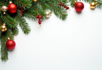 Christmas tree decorations and balls and pine branches top view on white background
