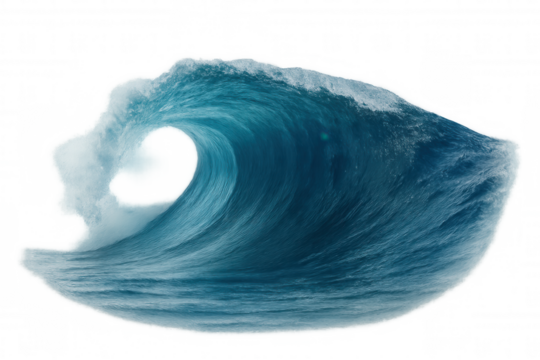 Powerful blue ocean wave curling, breaking, and forming a tube, isolated on transparent background