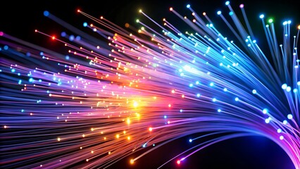 Obraz premium Closeup of colorful fiber optic strands emitting bright lights, symbolizing highspeed data transmission, internet connectivity, and modern communication technology