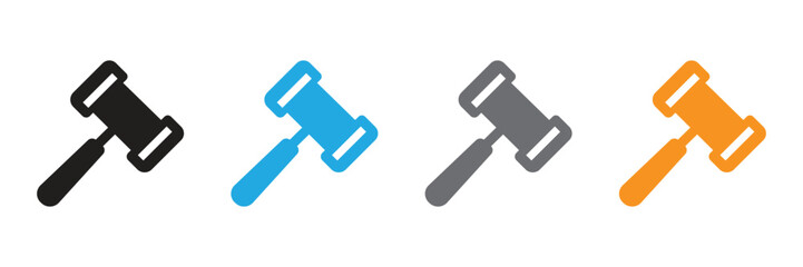 Gavel icons in multiple colors symbolizing legal proceedings, auctions, and authority. Use this eye-catching design to add impact to your legal or financial content.
