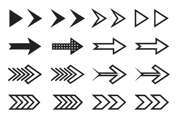 Set of black arrow icons isolated on white background, each pointing right in a variety of unique and modern styles