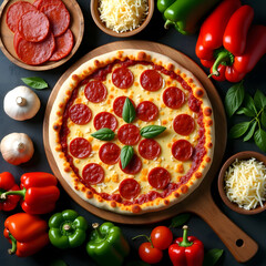 Overhead Flat Lay of Pepperoni Pizza Surrounded by Fresh Italian Ingredients Rustic Kitchen Prep Whole Round Pizza with Mozzarella, Basil, and Bell Peppers