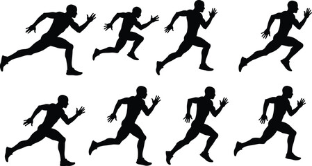 Silhouette sequence of male runner in dynamic sprinting poses, athletic motion cycle, sports training, biomechanics study, fitness exercise vector illustration