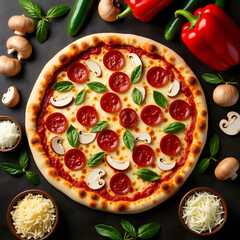 Overhead View of Gourmet Pepperoni, Mushroom, and Basil Pizza with Prep Ingredients Dark Food Photography Flat Lay Italian-American Combo Pizza Ready for the Oven
