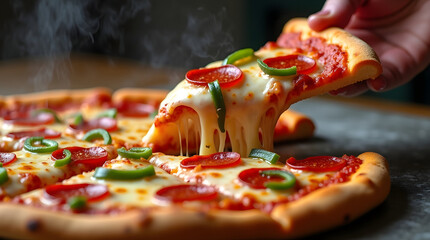Steaming Hot Pepperoni and Green Pepper Pizza Slice with Golden Crust and Dramatic Cheese Stretch Side Angle View Hand Serving Freshly Baked Spicy Pizza with Melted Mozzarella Pull