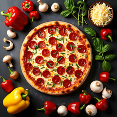 Symmetry of a Pepperoni and Mozzarella Pizza with Fresh Vegetable Border, Dark Food Styling Overhead View of Classic Pepperoni Pizza Surrounded by Raw Ingredients Studio Kitchen Setup