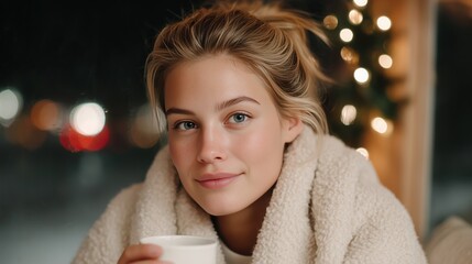 Woman in cozy fleece jacket holding mug indoors during winter evening scene. 