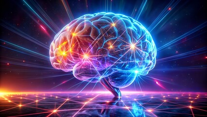 Obraz premium A luminous, stylized human brain composed of glowing circuits and light rays, set on a reflective surface with a digital grid, representing the power of thought and artificial intelligence