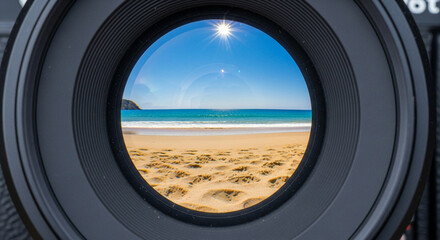 Fototapeta premium Beach view through camera lens - capture the perfect vacation moment on a sunny day