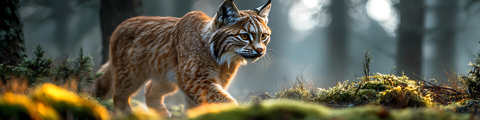 Obraz premium A lynx prowls through a sunlit forest undergrowth