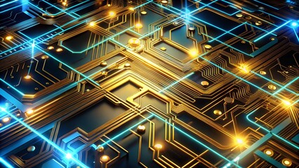Intricate network of a futuristic glowing circuit board with blue and gold lines, representing technology, data flow, and digital connections