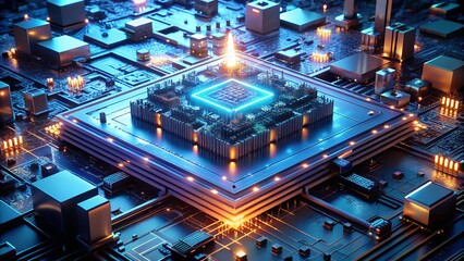 Fototapeta premium Closeup of a futuristic computer processor chip with glowing blue light and intricate circuitry, symbolizing advanced technology and computing power