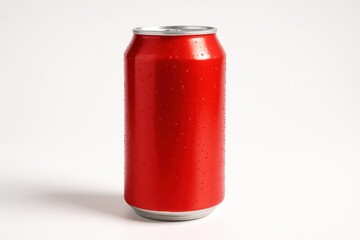 Glossy red aluminum drink can isolated on white with condensation droplets and soft shadow