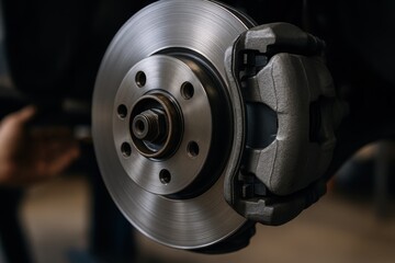 Close up of car disc brake assembly in service with caliper rotor and suspension detail