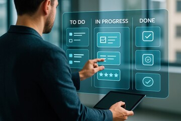 Task management in progress modern office workflow digital interface collaborative environment professional viewpoint efficiency concept