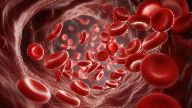 Close up view of red blood cells flowing through a blood vessel. - Powered by Adobe
