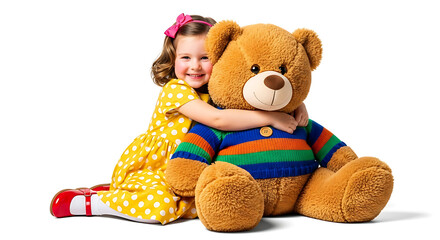 Children's day  cute little girl hugging a giant teddy bear adorable childhood moment happy kid with stuffed animal friend