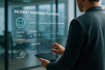 Incident response playbook overview corporate office digital display professional environment close-up view cybersecurity concepts