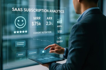 Analyzing saas subscription metrics in a modern office environment with interactive data visualizations