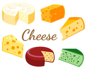 Cheese organic milk butter fresh food vector illustration set, menu label, banner poster identity, branding. Stylish design of cheese, variations cuisine illustration.