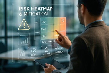Risk assessment and mitigation strategies corporate office digital visualization modern workspace close-up view business intelligence concepts