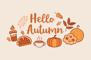 A hello autumn greeting card with a candle, pie, coffee, pumpkin, cloud, acorn, leaf, and carrot isolated on white background