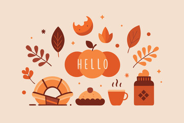 Cozy autumn illustration with pumpkin, leaves, pie, hot drink, and sweets isolated on white background for cards and invitations